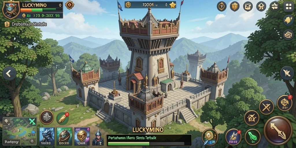 Gameplay LUCKYMINO menunjukkan aksi menara mempertahankan wilayah dari musuh.