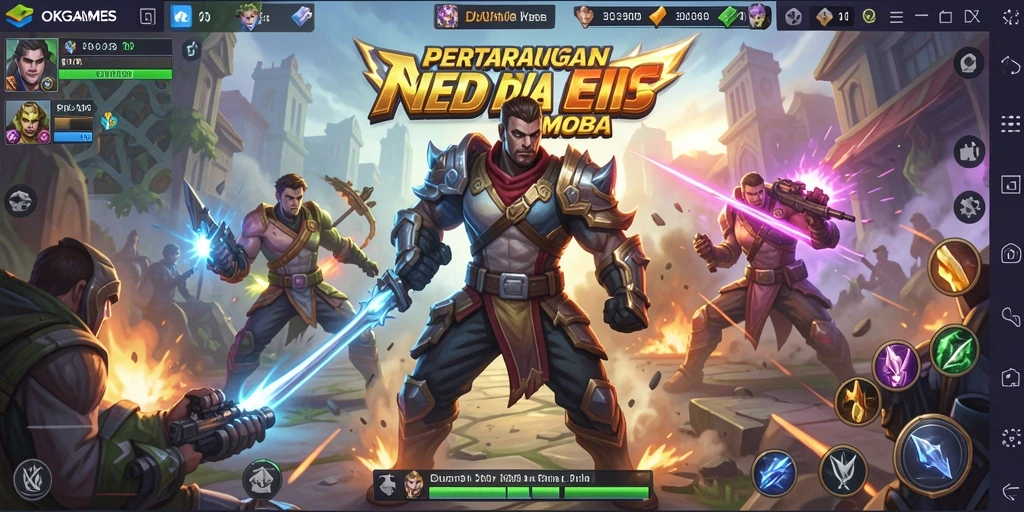 Screenshot utama OKGAMES menampilkan gameplay seru dan intens dalam pertempuran MOBA.